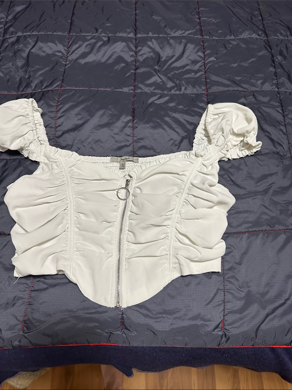 Papaya White Ruched Off-Shoulder Crop Top with Front Zip